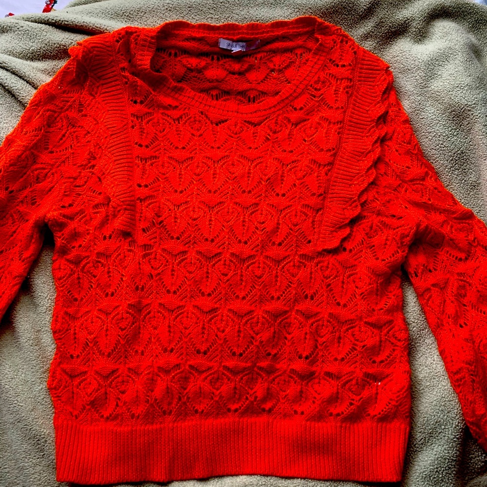 💚3/$25 NWT Single Thread XL deep orange crochet sweater ruffle detail